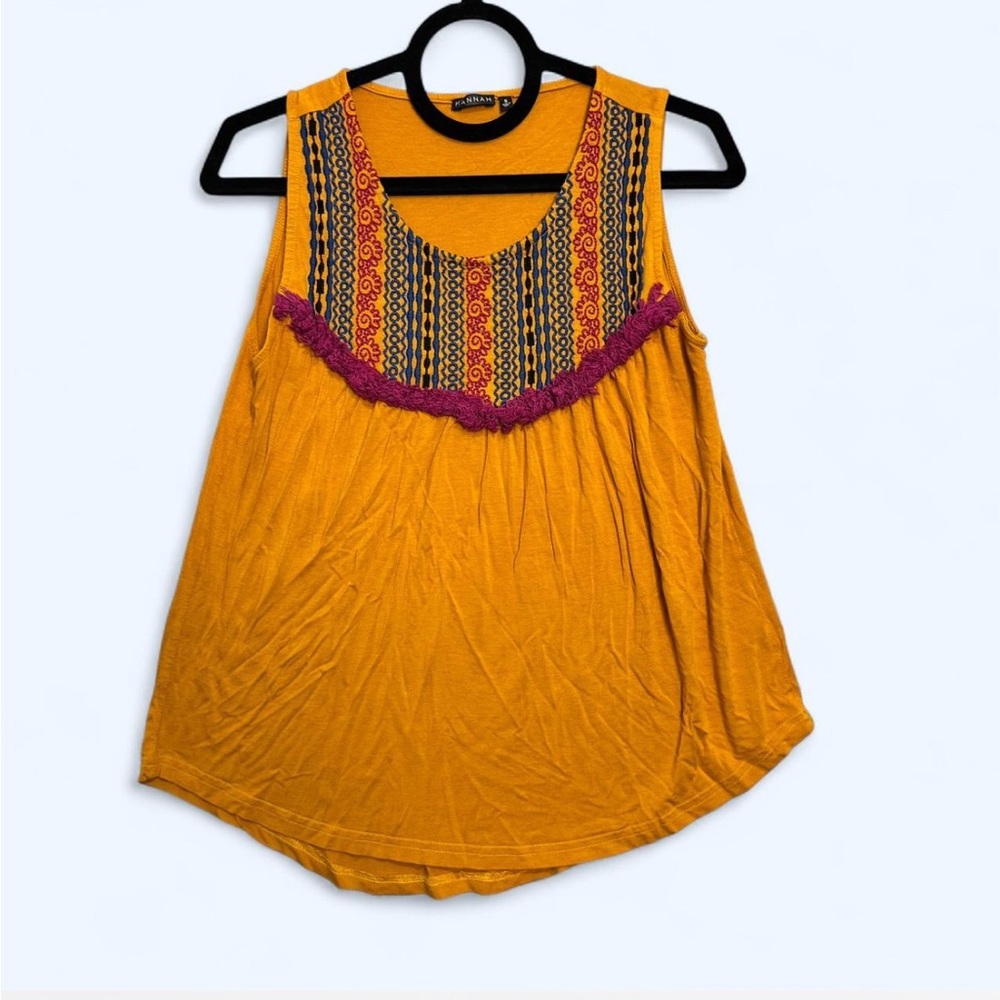 Hannah Mustard Yellow Embroidered Boho Festival Tassel Tunic Top Size Small